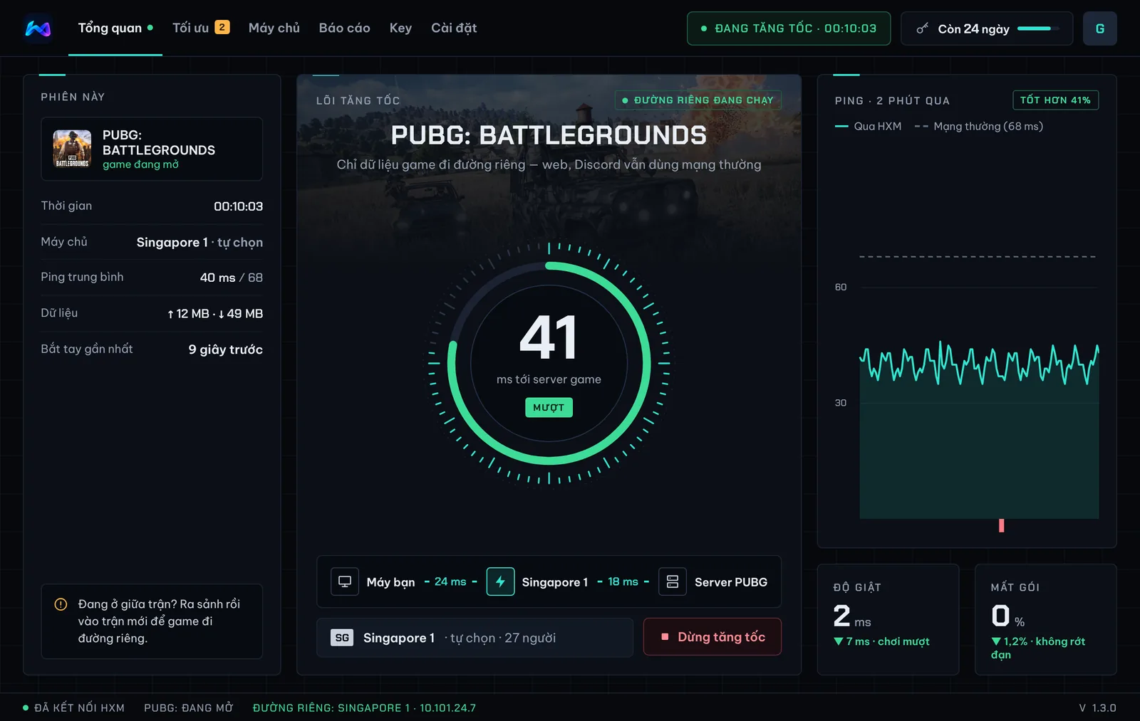 Màn hình HXM BOOSTER khi đang tăng tốc PUBG qua máy chủ Singapore